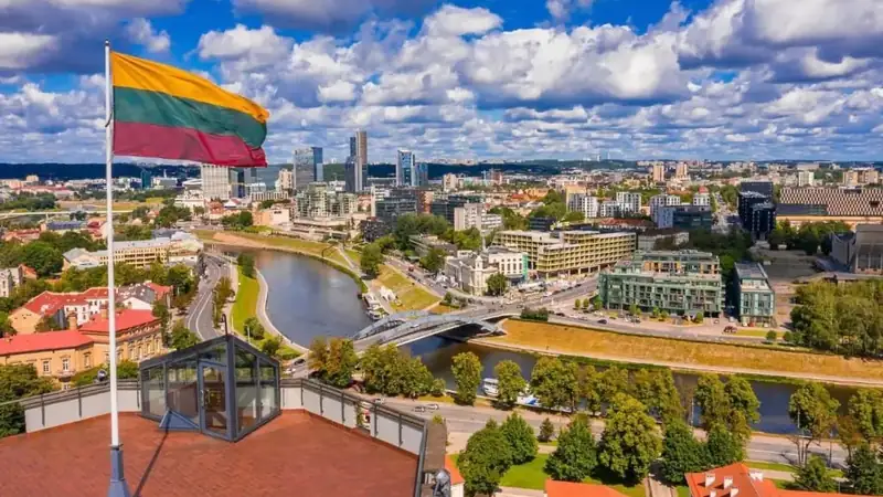Прапор Литви над містом Вільнюс і річкою